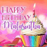 A vibrant birthday GIF featuring a rainbow-colored cupcake topped with white frosting, sprinkles, and a lit candle. The text reads 'Happy Birthday Malasintha' in bold pink and violet letters with white outline.