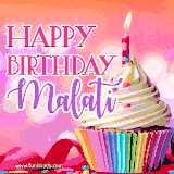 A vibrant birthday GIF featuring a rainbow-colored cupcake topped with white frosting, sprinkles, and a lit candle. The text reads 'Happy Birthday Malati' in bold pink and violet letters with white outline.