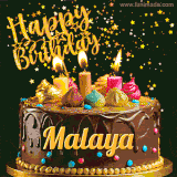 A delightful chocolate birthday cake with bright candles and 'Happy Birthday Malaya' written in gold amidst a shower of animated stars.