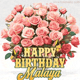 Golden 'Happy Birthday Malaya' text beneath a vibrant bouquet of orange roses, complete with glittering butterflies and sparkling details.