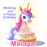 A cute moving unicorn with a birthday cake and candles, featuring 'Wishing you a happy birthday, Malaya!' in colorful text.