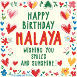 A colorful animated card for Malaya’s birthday featuring playful hearts, cheerful flowers, and a handwritten message wishing smiles and sunshine.