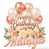 Seamlessly looping Happy Birthday Malaya wish with pastel flowers and balloons