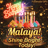 Close-up of a decorative chocolate cake with a glowing neon Happy Birthday sign and warm candle flames, made for Malaya.
