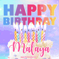 Animated Happy Birthday Cake with Name Malaya and Burning Candles