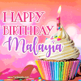 A vibrant birthday GIF featuring a rainbow-colored cupcake topped with white frosting, sprinkles, and a lit candle. The text reads 'Happy Birthday Malayia' in bold pink and violet letters with white outline.
