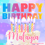 A vibrant animated name GIF with the words 'Happy Birthday Malayia' with colorful candles on a creamy cake. The background sparkles with pastel shades, adding a festive touch.
