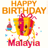 A vibrant and funny gift box character with a happy face dancing with a cupcake and the text 'Happy Birthday Malayia,' surrounded by animated confetti and party vibes.