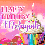 A vibrant birthday GIF featuring a rainbow-colored cupcake topped with white frosting, sprinkles, and a lit candle. The text reads 'Happy Birthday Malayiah' in bold pink and violet letters with white outline.