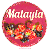 Beautifully decorated red velvet berry birthday cake with vibrant fruits and a glowing 'Malayla' name, adding a touch of sweetness and sparkle.
