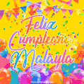 A bright and festive GIF with the text 'Feliz Cumpleaños Malayla' in Spanish in colorful fonts, surrounded by confetti, balloons, and festive banners on a vibrant yellow background.