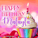 A vibrant birthday GIF featuring a rainbow-colored cupcake topped with white frosting, sprinkles, and a lit candle. The text reads 'Happy Birthday Malayla' in bold pink and violet letters with white outline.