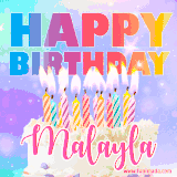 A vibrant animated name GIF with the words 'Happy Birthday Malayla' with colorful candles on a creamy cake. The background sparkles with pastel shades, adding a festive touch.