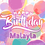 A vibrant name GIF featuring colorful balloons in shades of pink, orange, and yellow with the bold text 'Happy Birthday Malayla' in festive fonts, creating a lively birthday vibe.