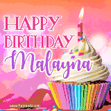 A vibrant birthday GIF featuring a rainbow-colored cupcake topped with white frosting, sprinkles, and a lit candle. The text reads 'Happy Birthday Malayna' in bold pink and violet letters with white outline.