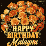 Animated bouquet of orange roses with moving butterfles and golden 'Happy Birthday Malayna' text, surrounded by sparkling accents and a dark backdrop for a luxurious feel.