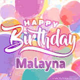 A vibrant name GIF featuring colorful balloons in shades of pink, orange, and yellow with the bold text 'Happy Birthday Malayna' in festive fonts, creating a lively birthday vibe.
