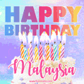 Animated Happy Birthday Cake with Name Malaysia and Burning Candles
