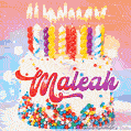 Personalized for Maleah elegant birthday cake adorned with rainbow sprinkles, colorful candles and glitter