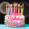 Amazing Animated GIF Image for Maleek with Birthday Cake and Fireworks