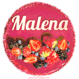 Beautifully decorated red velvet berry birthday cake with vibrant fruits and a glowing 'Malena' name, adding a touch of sweetness and sparkle.