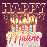A colorful birthday cake topped with lit candles, with the words 'Happy Birthday Malene' in bold glowing letters on a burgundy background. Animated flames add a festive touch.