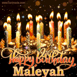 A glowing personalized birthday GIF with name Maleyah featuring lit candles with intricate designs, warm lighting, and the text 'Happy Birthday' in an elegant font.