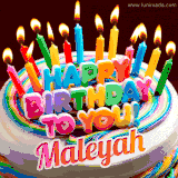 A colorful birthday cake topped with lit candles, with the words 'Happy Birthday Maleyah' in bold glowing letters on a burgundy background. Animated flames add a festive touch.