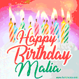Bright birthday candles with rainbow flames on a cake, alongside the text 'Happy Birthday Malia' in vibrant script in this celebratory animated GIF.