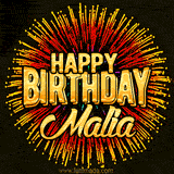 Golden 'Happy Birthday Malia' text accompanied by animated rainbow fireworks for a festive animated greeting.