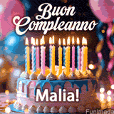 Birthday cake topped with pink and yellow lit candles, surrounded by glowing bokeh lights and party balloons. The greeting 'Buon Compleanno Malia GIF!' is displayed.