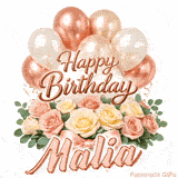 Animated Happy Birthday Malia greeting card with moving balloons and roses
