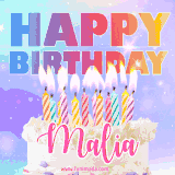A vibrant animated name GIF with the words 'Happy Birthday Malia' with colorful candles on a creamy cake. The background sparkles with pastel shades, adding a festive touch.