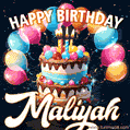 Hand-drawn happy birthday cake adorned with an arch of colorful balloons - name GIF for Maliyah