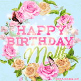 A charming animated GIF featuring 'Happy Birthday Mallt' in pink and green text, surrounded by delicate roses, leaves, and fluttering butterflies on a soft light blue pastel background.
