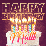 A colorful birthday cake topped with lit candles, with the words 'Happy Birthday Mallt' in bold glowing letters on a burgundy background. Animated flames add a festive touch.