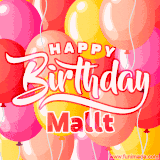 A vibrant name GIF featuring colorful balloons in shades of pink, orange, and yellow with the bold text 'Happy Birthday Mallt' in festive fonts, creating a lively birthday vibe.