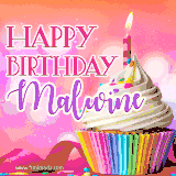 A vibrant birthday GIF featuring a rainbow-colored cupcake topped with white frosting, sprinkles, and a lit candle. The text reads 'Happy Birthday Malwine' in bold pink and violet letters with white outline.