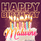 A colorful birthday cake topped with lit candles, with the words 'Happy Birthday Malwine' in bold glowing letters on a burgundy background. Animated flames add a festive touch.