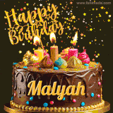 A delightful chocolate birthday cake with bright candles and 'Happy Birthday Malyah' written in gold amidst a shower of animated stars.