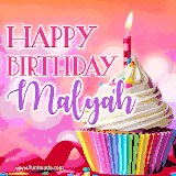 A vibrant birthday GIF featuring a rainbow-colored cupcake topped with white frosting, sprinkles, and a lit candle. The text reads 'Happy Birthday Malyah' in bold pink and violet letters with white outline.