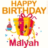 A vibrant and funny gift box character with a happy face dancing with a cupcake and the text 'Happy Birthday Malyah,' surrounded by animated confetti and party vibes.