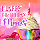 A vibrant birthday GIF featuring a rainbow-colored cupcake topped with white frosting, sprinkles, and a lit candle. The text reads 'Happy Birthday Mames' in bold pink and violet letters with white outline.