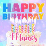 A vibrant animated name GIF with the words 'Happy Birthday Mames' with colorful candles on a creamy cake. The background sparkles with pastel shades, adding a festive touch.