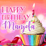 A vibrant birthday GIF featuring a rainbow-colored cupcake topped with white frosting, sprinkles, and a lit candle. The text reads 'Happy Birthday Manjola' in bold pink and violet letters with white outline.