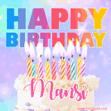 A vibrant animated name GIF with the words 'Happy Birthday Mansi' with colorful candles on a creamy cake. The background sparkles with pastel shades, adding a festive touch.