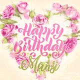 A stunning heart made of pink roses surrounds the elegant script text 'Happy Birthday Mansi' on a soft beige background. Animated sparkles add a magical and festive feel.