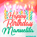 Happy Birthday GIF for Manuelita with Birthday Cake and Lit Candles