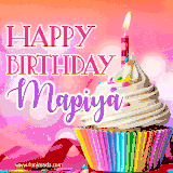 A vibrant birthday GIF featuring a rainbow-colored cupcake topped with white frosting, sprinkles, and a lit candle. The text reads 'Happy Birthday Mapiya' in bold pink and violet letters with white outline.