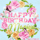 A charming animated GIF featuring 'Happy Birthday Mapiya' in pink and green text, surrounded by delicate roses, leaves, and fluttering butterflies on a soft light blue pastel background.